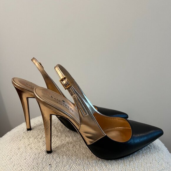 Kate Spade Black Leather Gold Slingback Pointed Toe Pumps – US 8 - Picture 4 of 7